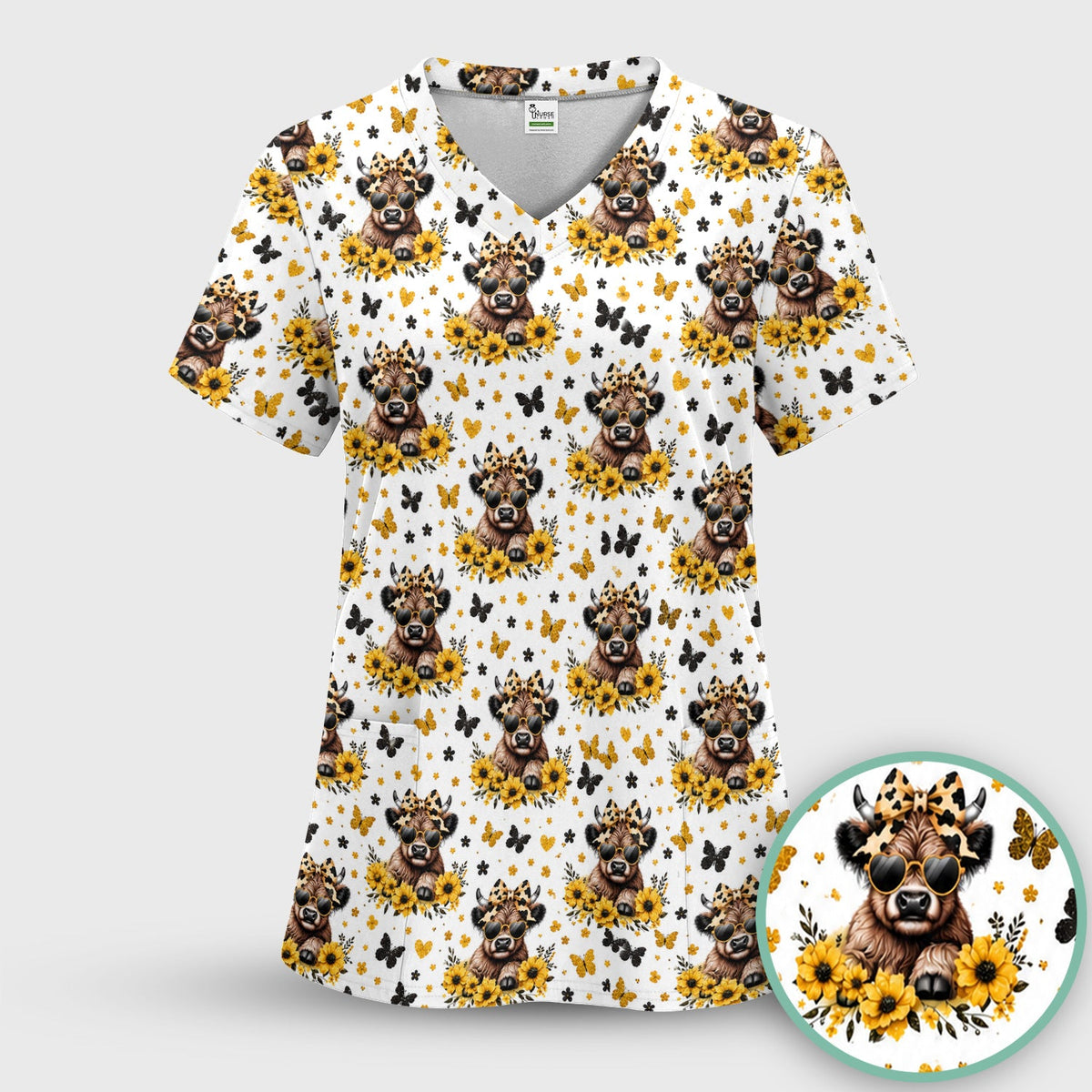 Cow Sunflower Bow Nurse Scrub Set