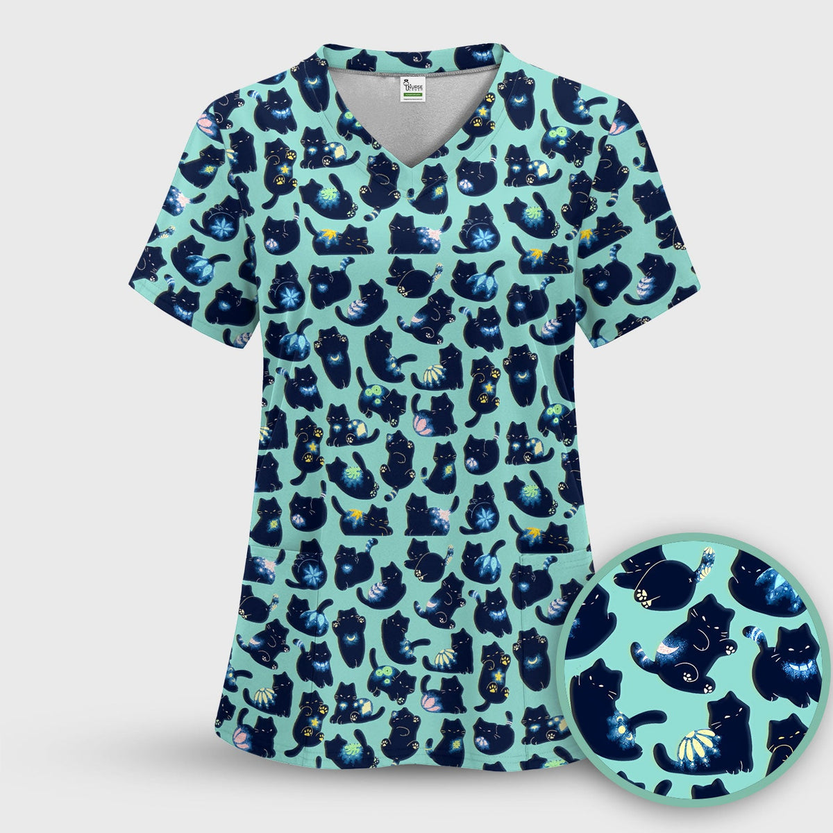 Midnight Black Cat Nurse Scrub Set