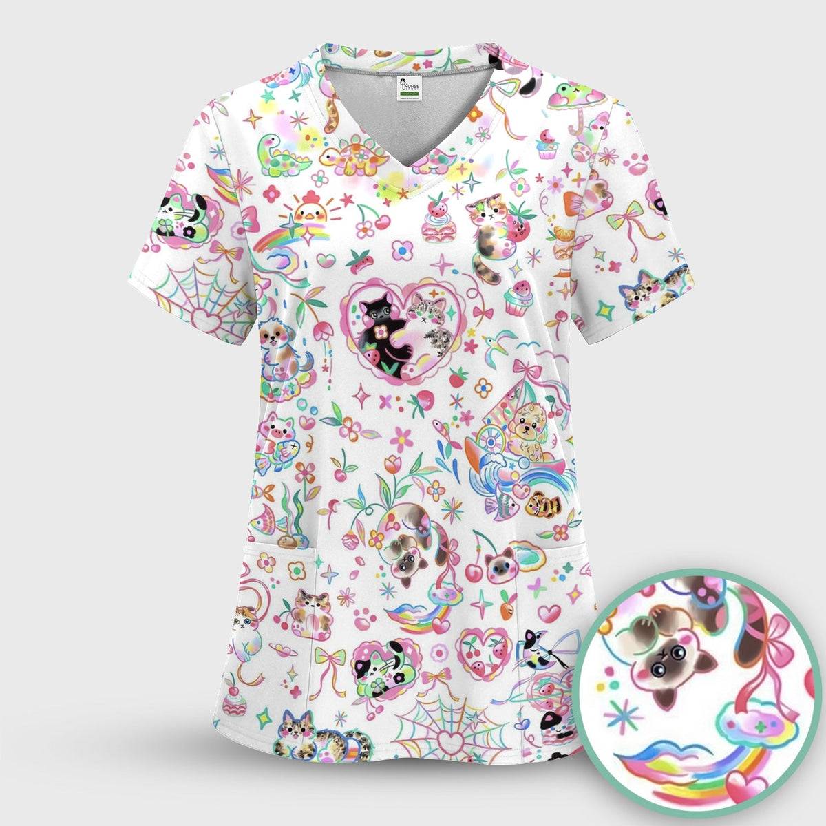 Kawaii Animal Rainbow Heart Nurse Scrub Set