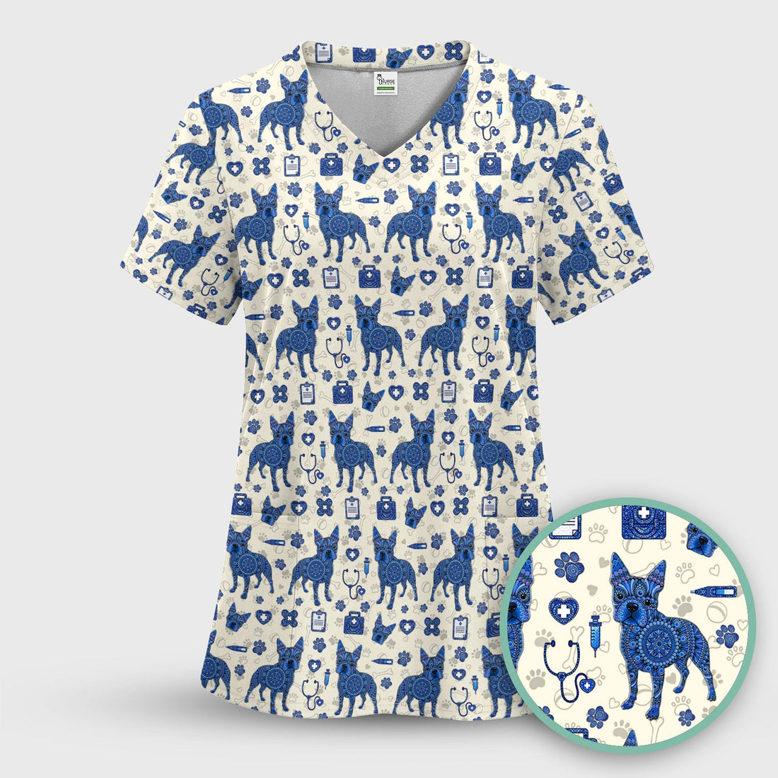 Blue Heeler Australian Cattle Dog Scrub Top, Australia Dot Art Pattern Shirt, Breathable Fabrics Nursing Uniform