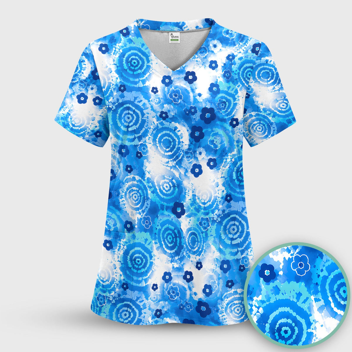 Blue Floral Spiral Nurse Scrub Top