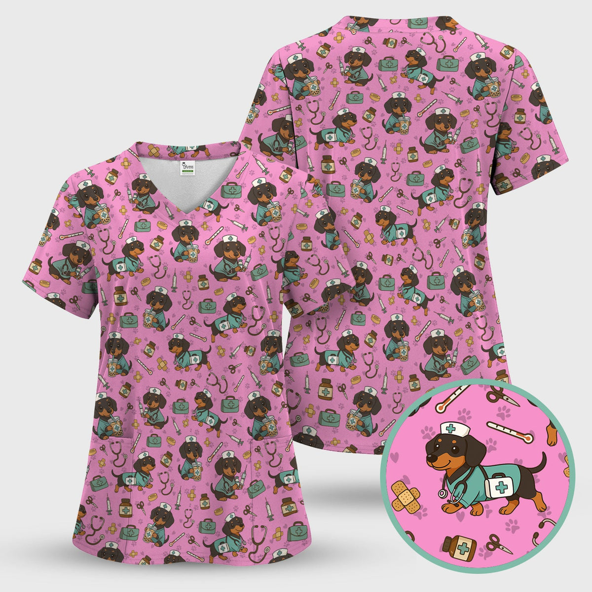 Funny Dachshund Nurse Scrubs Set - Cute Dog Print Medical Shirt - Holiday Nurse Scrub Top Gift for RN CNA Doctor, Women & Men