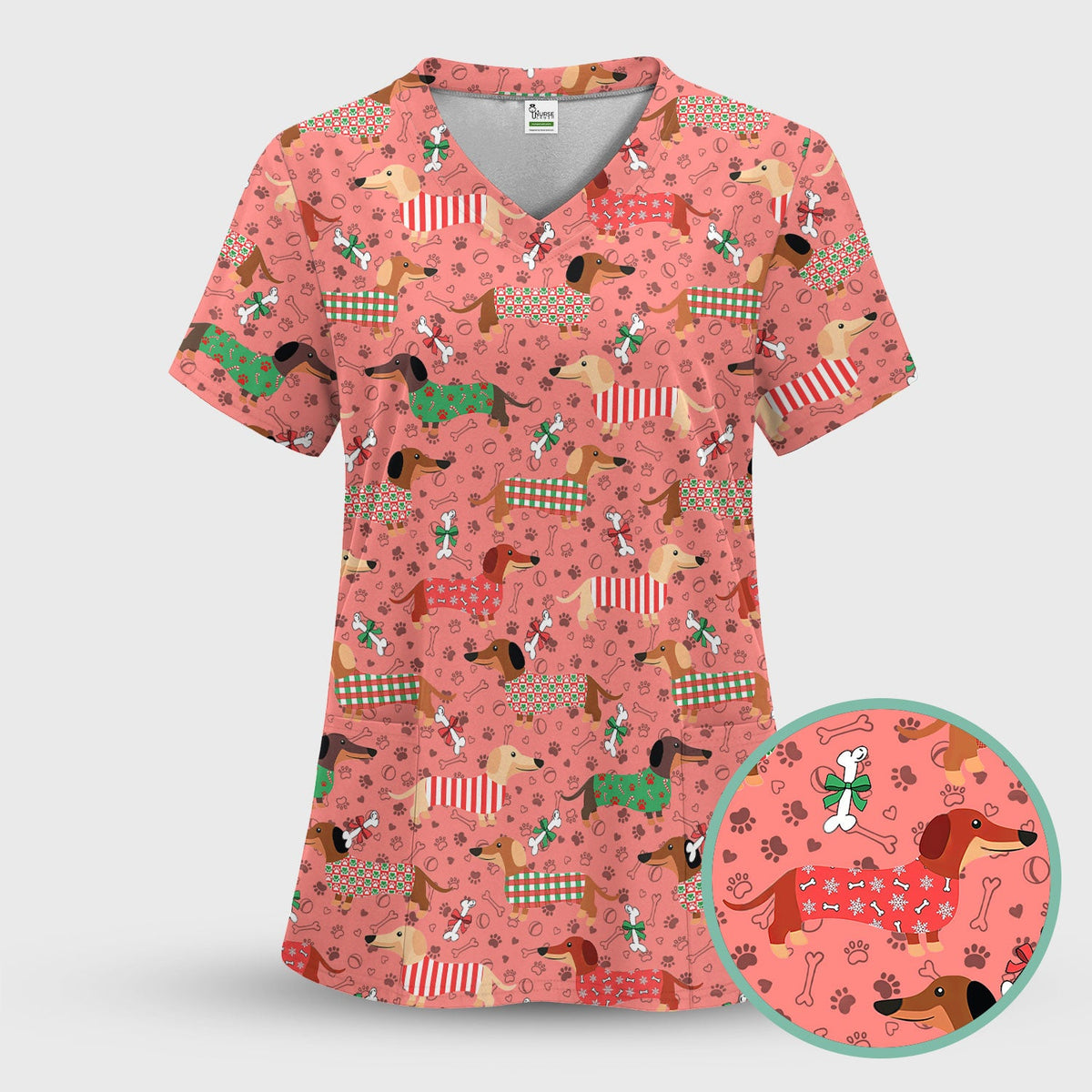 Christmas Dachshund Scrub Top for Nurses - Funny Wiener Dog Medical Shirt Multi Color - Cute Puppy Lover Gift for RN LPN CNA
