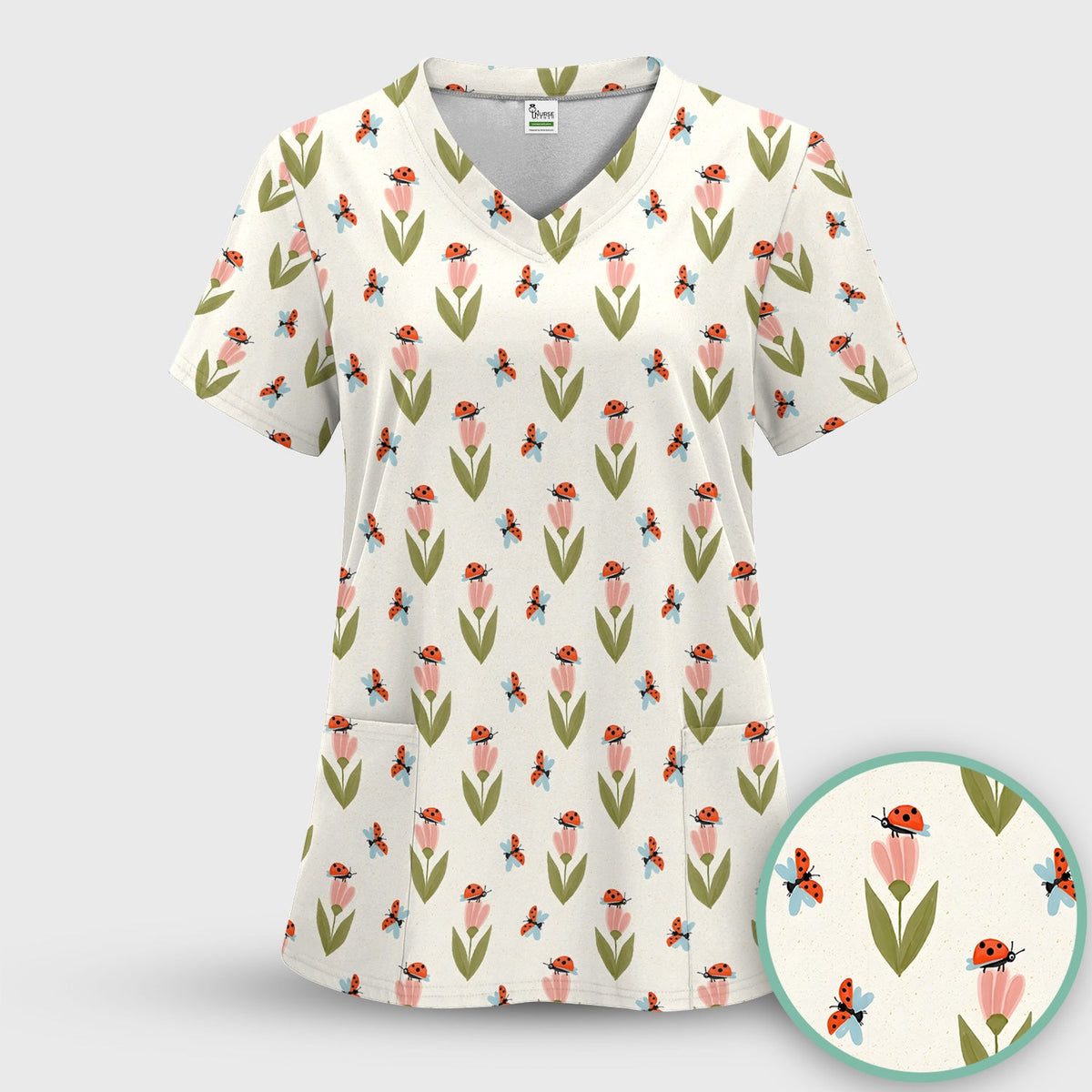 Ladybug Tulip Floral Nurse Scrub Top