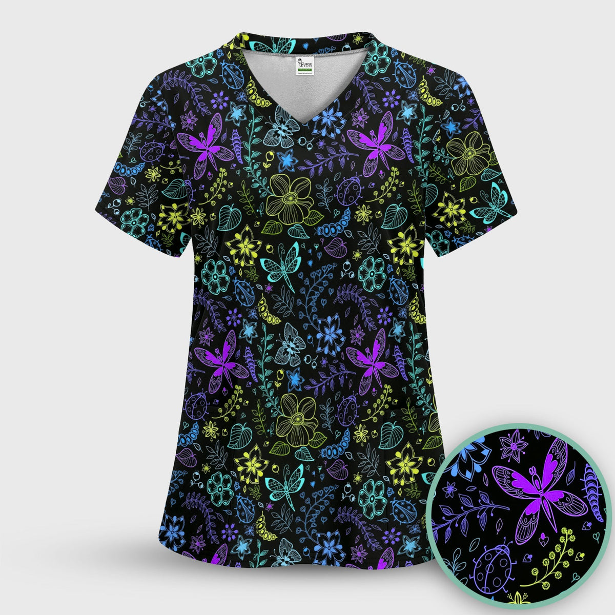 Neon Butterfly Floral Garden Nurse Scrub Set