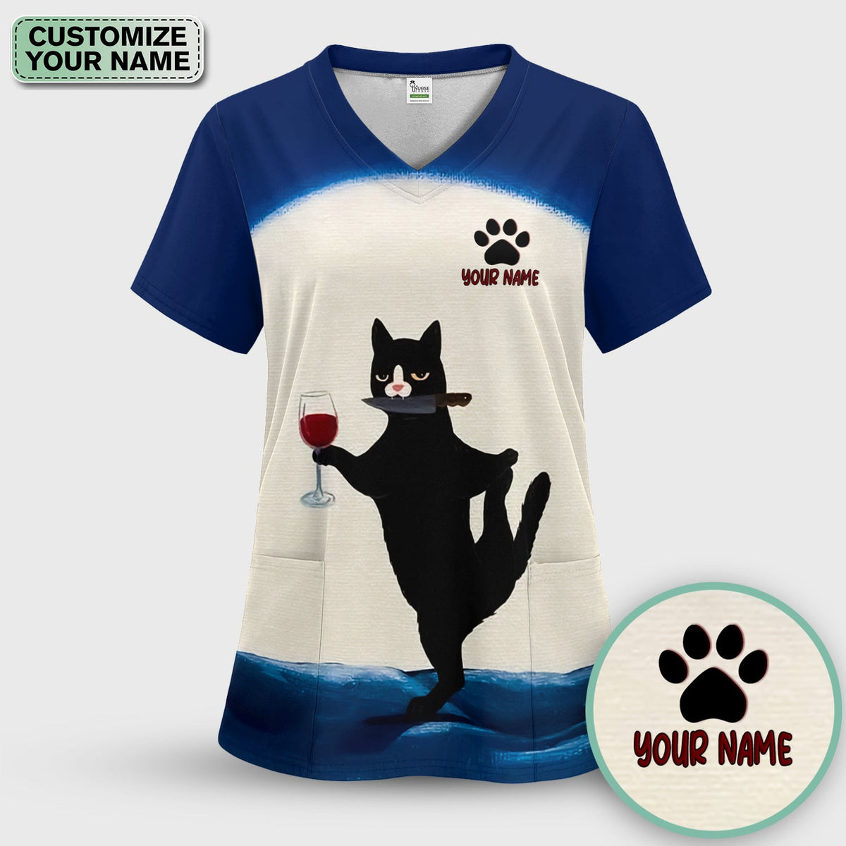 Personalized Cat Wine Glass Knife Nurse Scrub Top