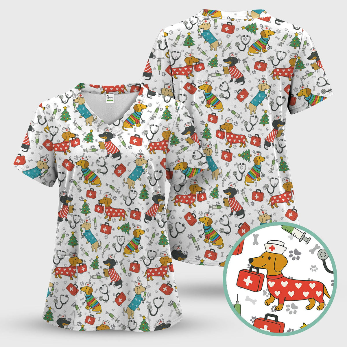 Christmas Dachshund Nurse Scrub Top