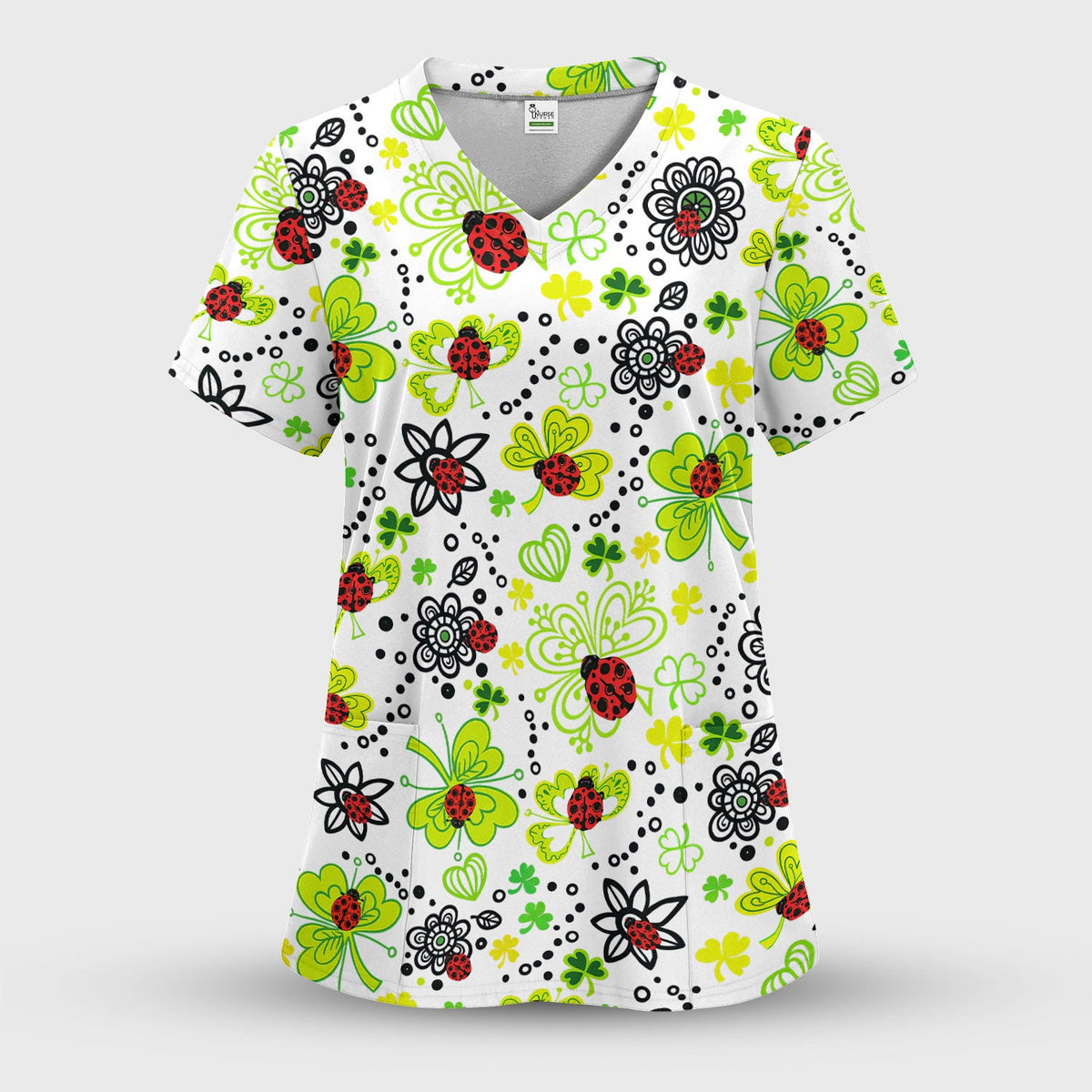 Ladybug Clover Floral Pattern Print Scrub Sets, Scrub Pants and V Neck Top