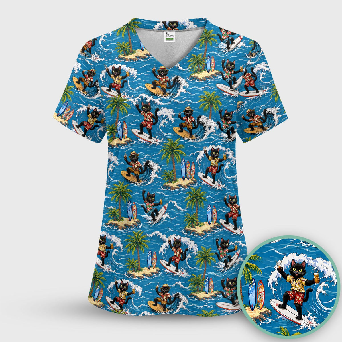 Tropical Black Cat Surfer Island Nurse Scrub Top