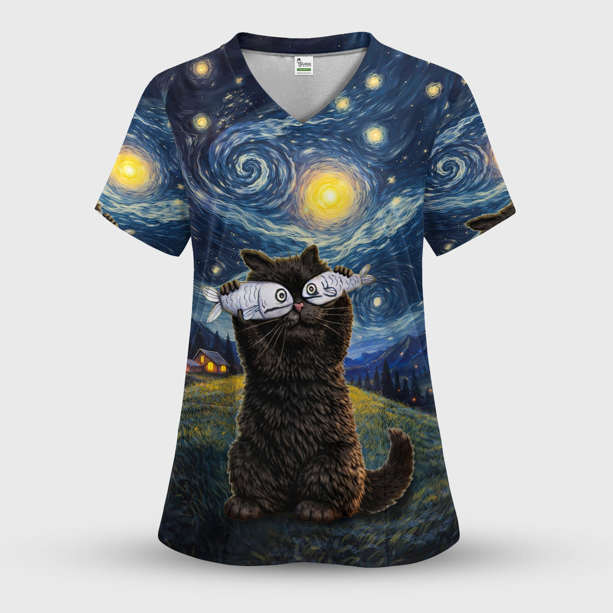 Starry Night Cat Art Print V Neck Nursing Scrub Top, for Cat Lover Nurses