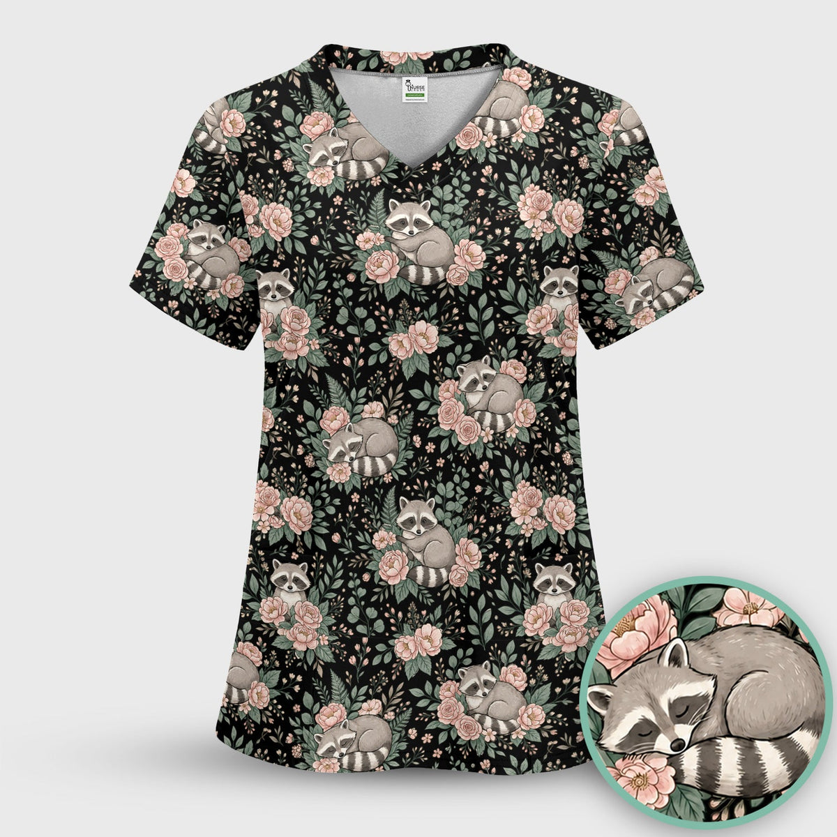 Sleeping Raccoon Rose Garden Nurse Scrub Top