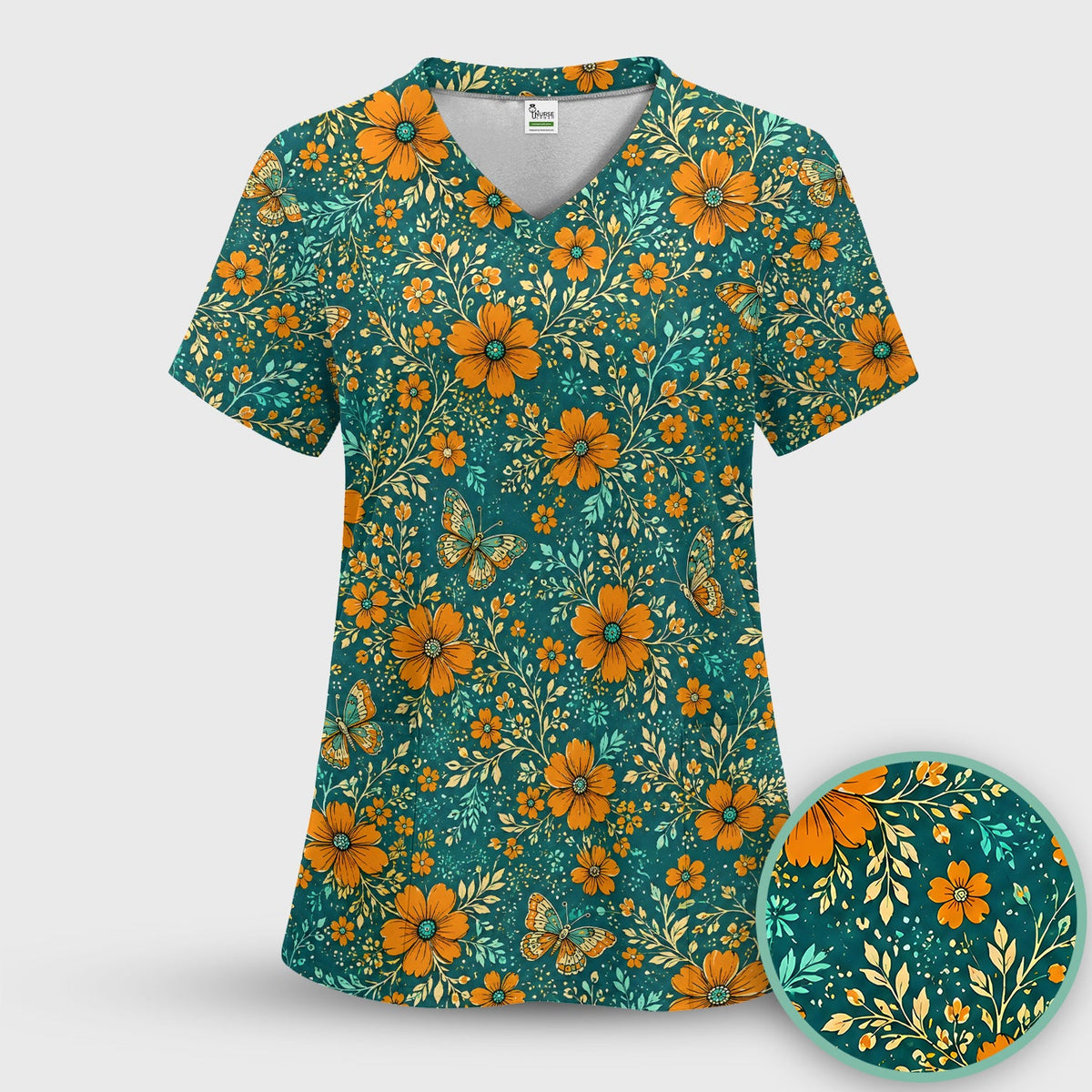 Orange Floral Butterfly Vine Nurse Scrub Set