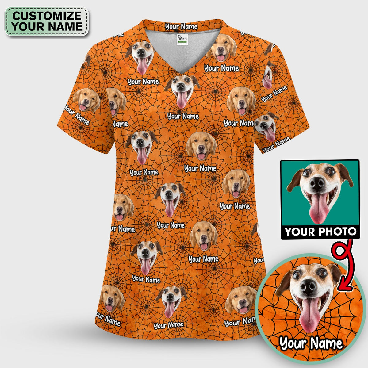 Personalized Halloween Dog Photo Spiderweb Scrub Top