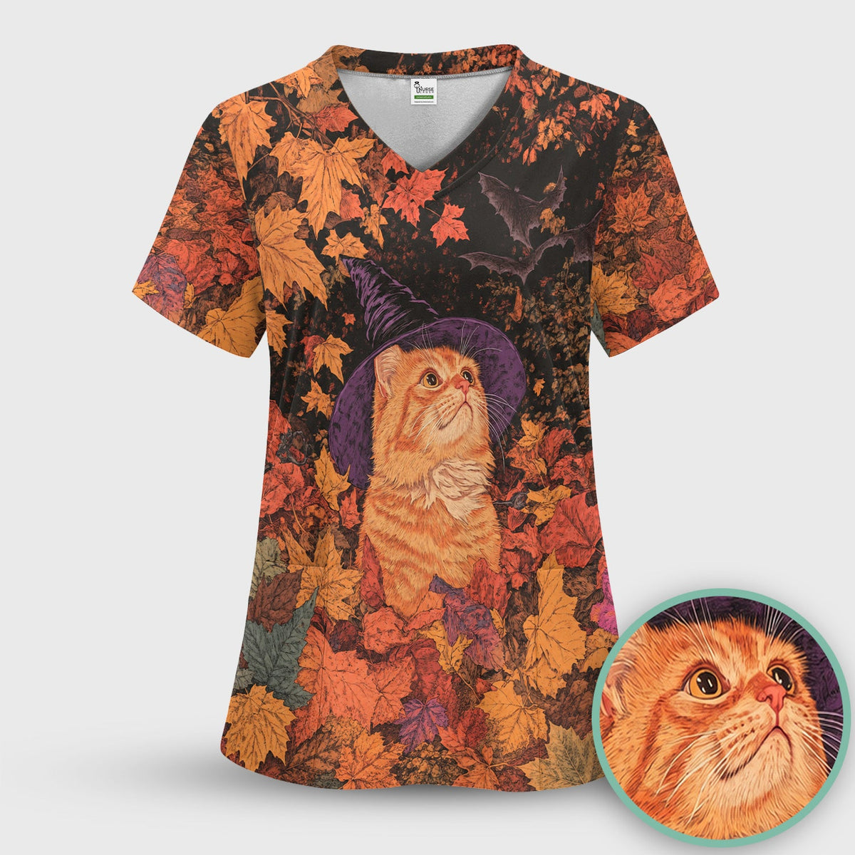 Autumn Cat Fall Leaves Nurse Scrub Set