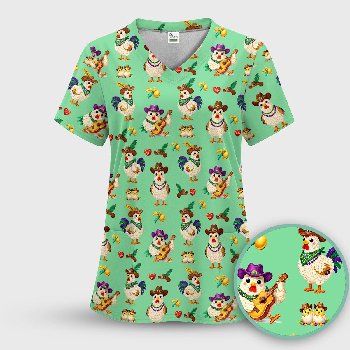 Mardi Gras Rooster Cowboy Nurse Scrub Top