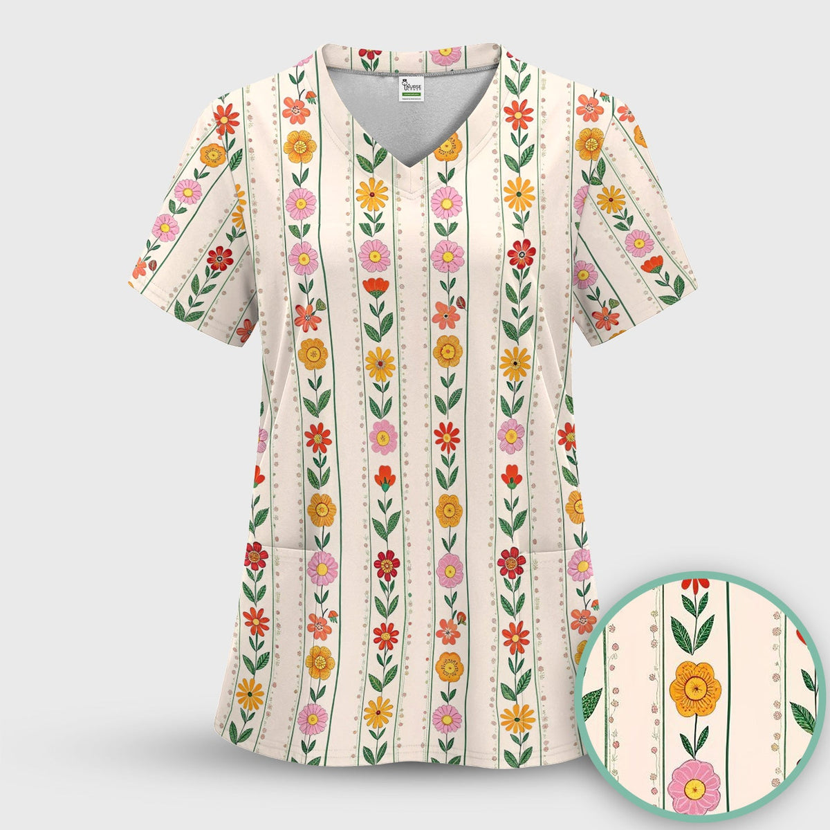 Retro Floral Stripe Print Nurse Scrub Set