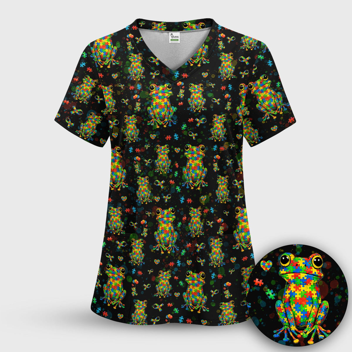Colorful Autism Puzzle Frog Nurse Scrub Top