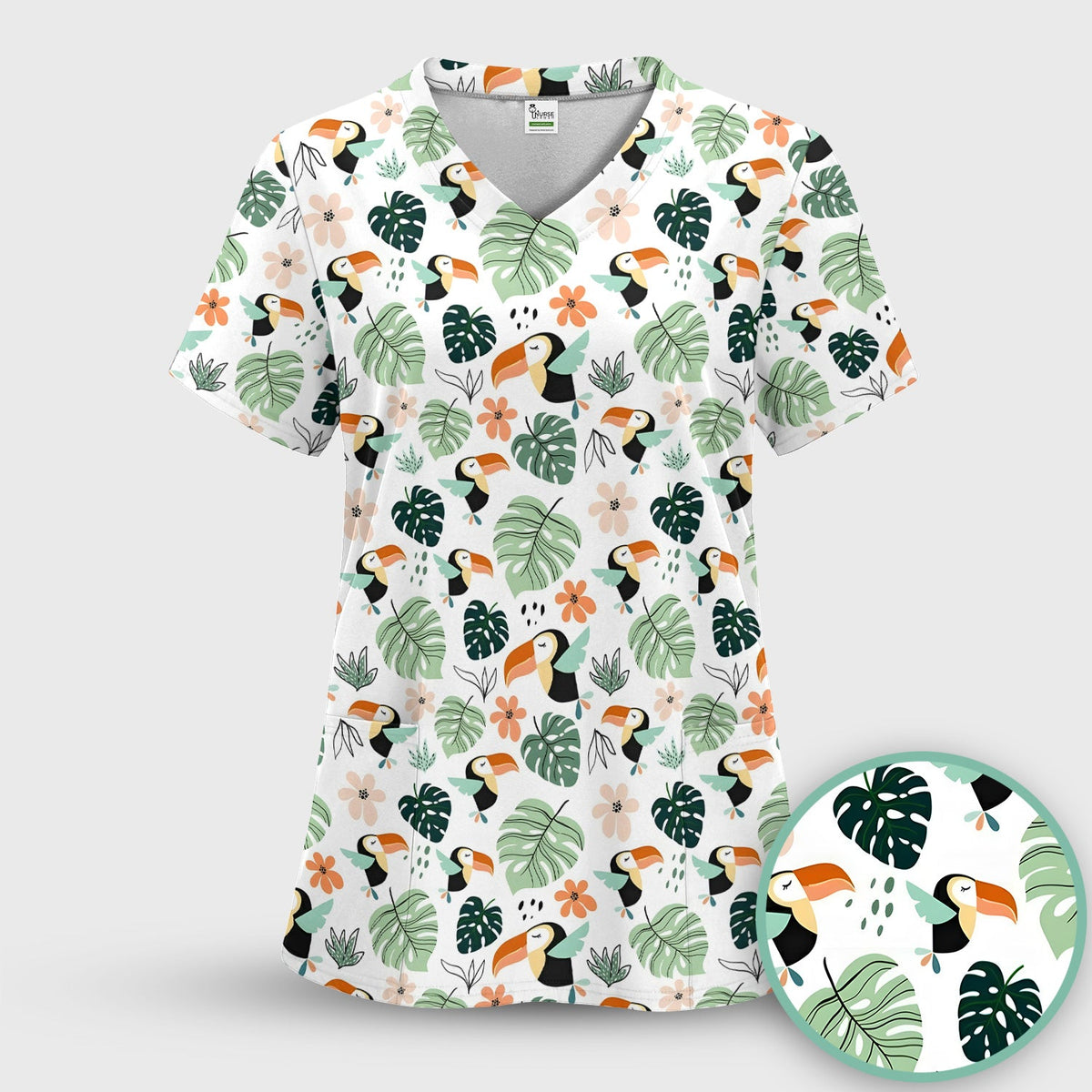Tropical Toucan Leaf Floral Nurse Scrub Set