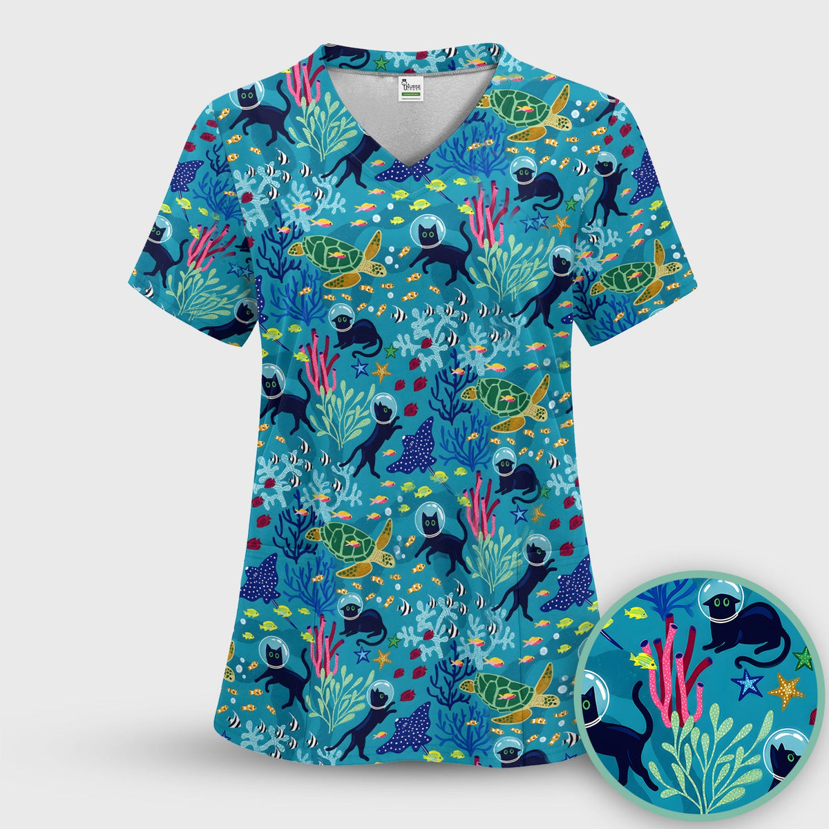 Underwater Cat Turtle Veterinary Pattern Scrub Top for RN, CNA, Ocean Medical Uniform