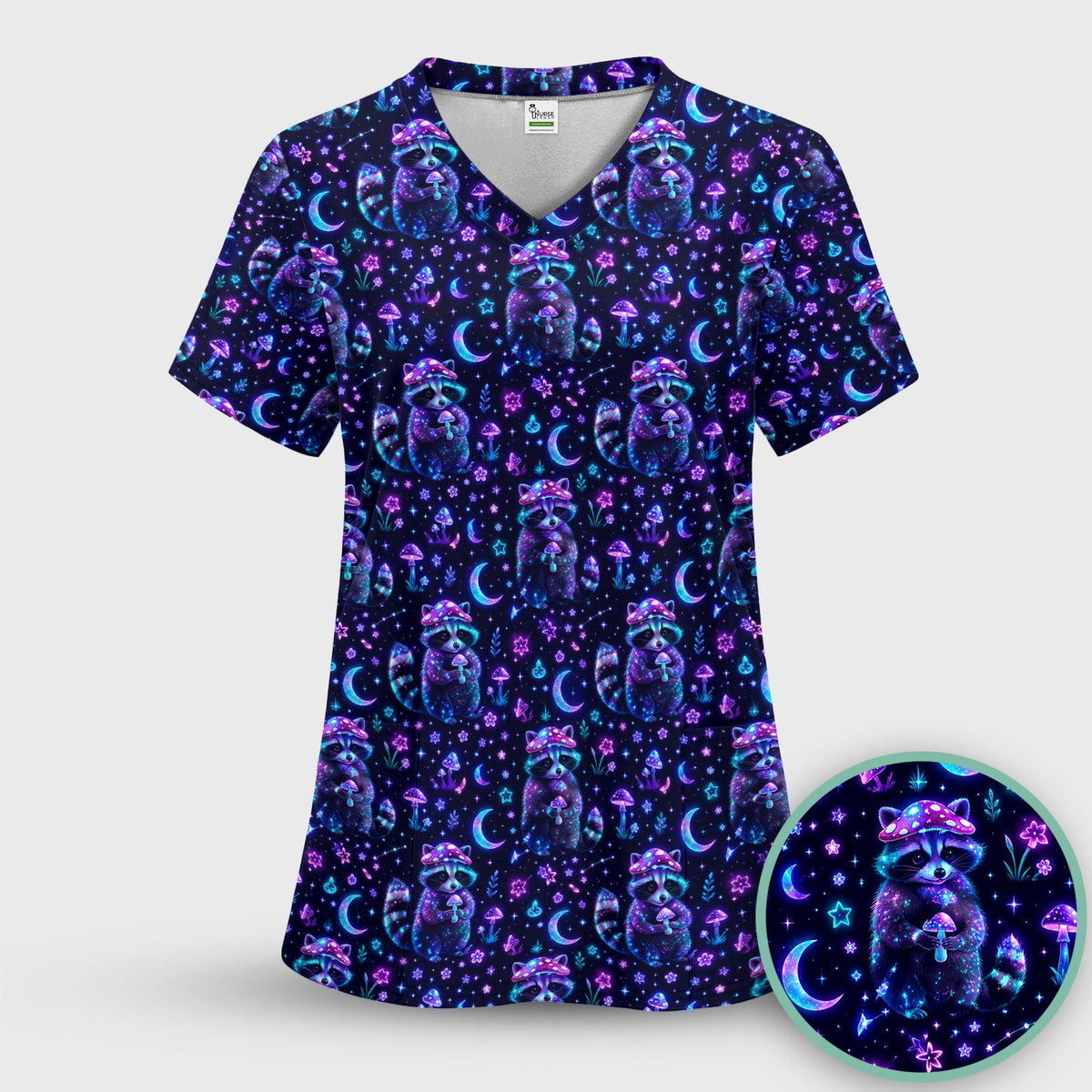 Neon Mushroom Raccoon Moonlight Nurse Scrub Set