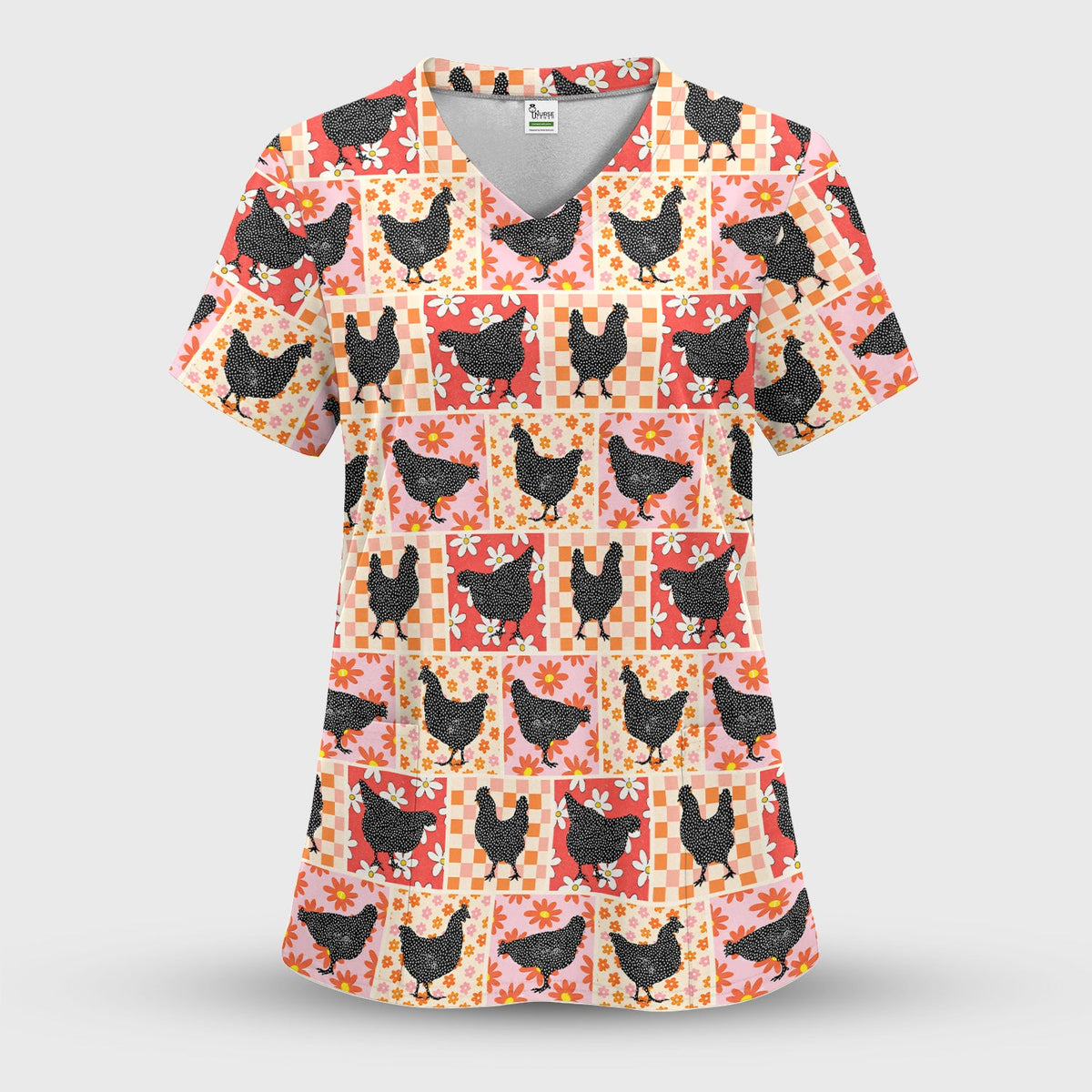 Chicken Patchwork Floral Nurse Scrub Top