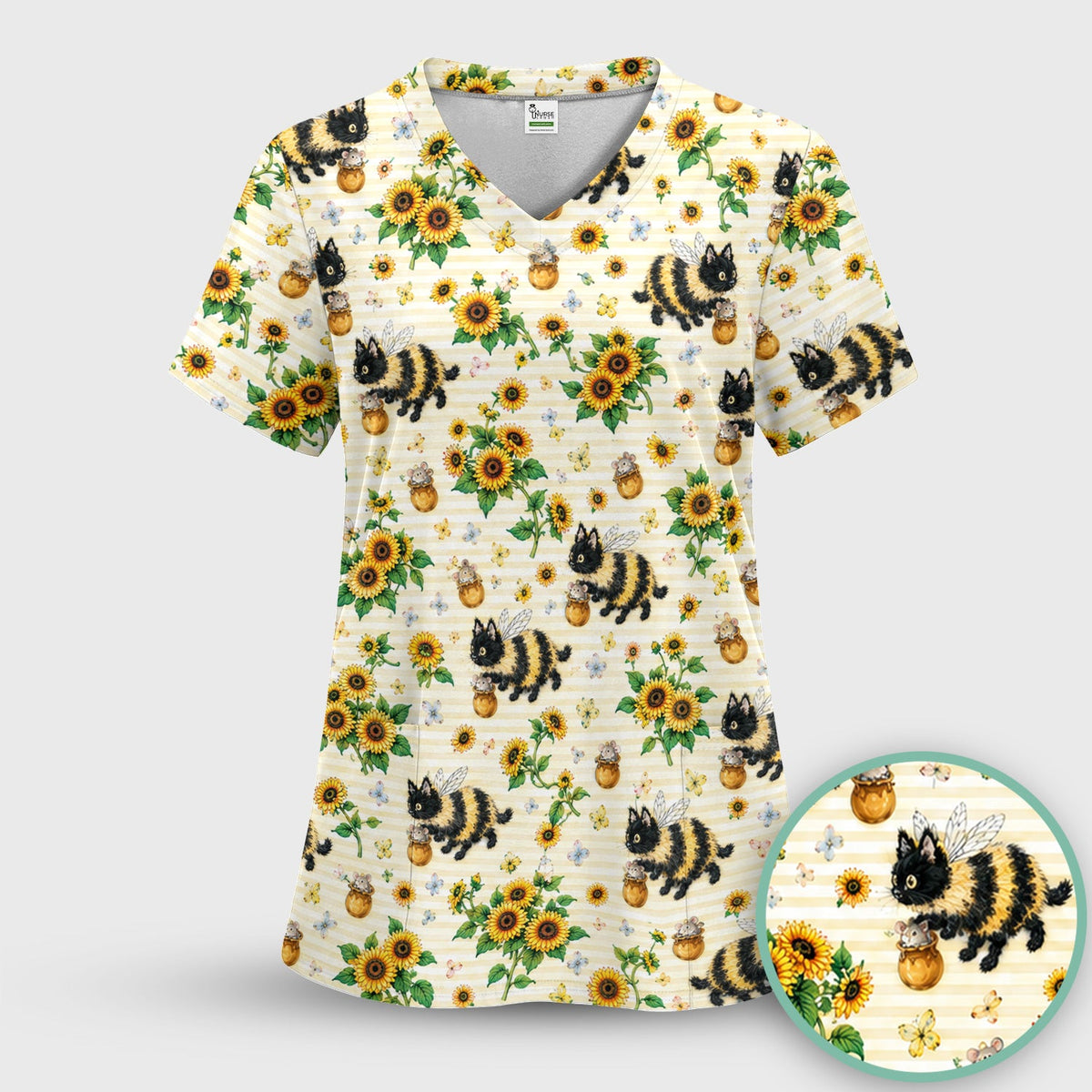 Bumblebee Cat Sunflower Nurse Scrub Top