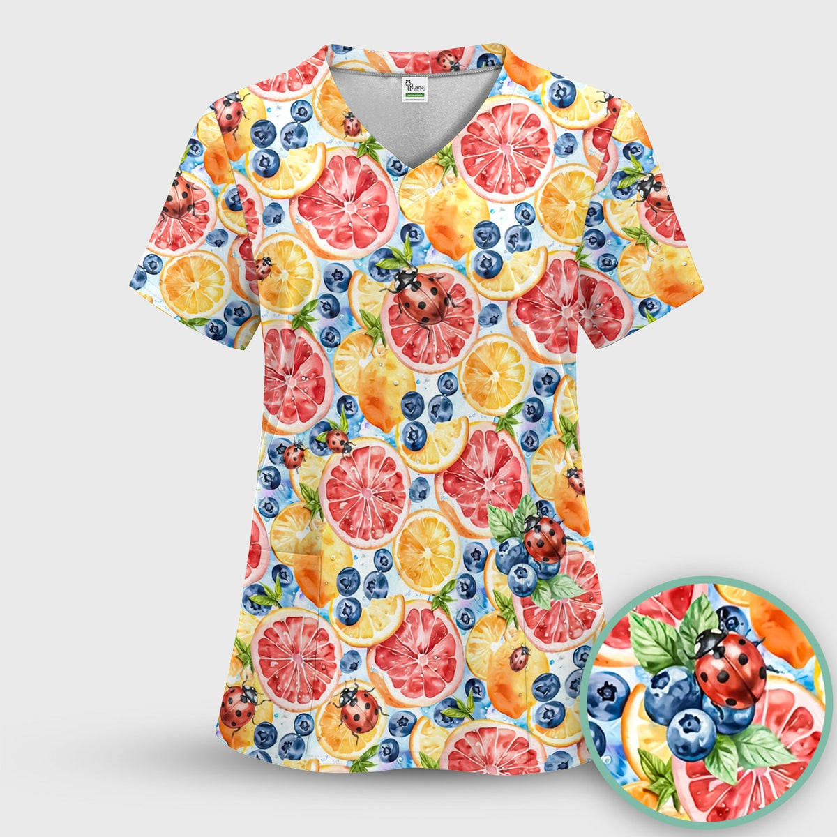 Citrus Berry Ladybug Nurse Scrub Top