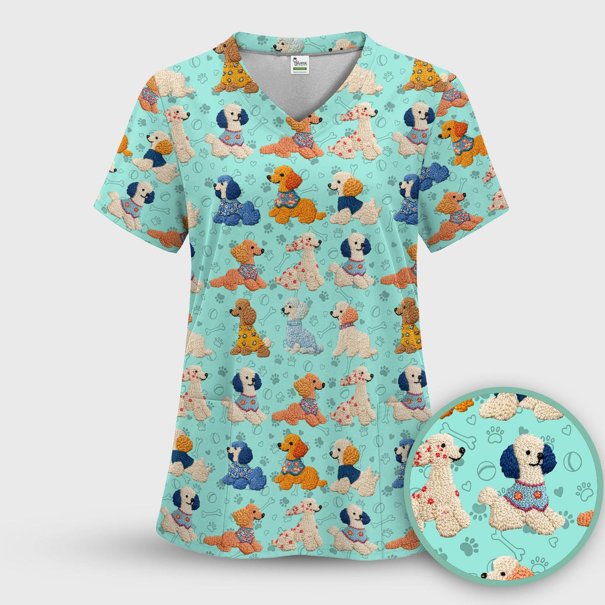 Cute Colorful Poodle Pattern Scrub Set, Scrub Pants and V Neck Top