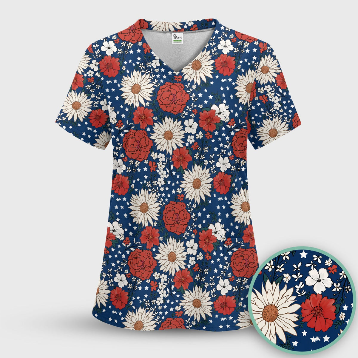 Red White Blue Floral Nurse Scrub Set