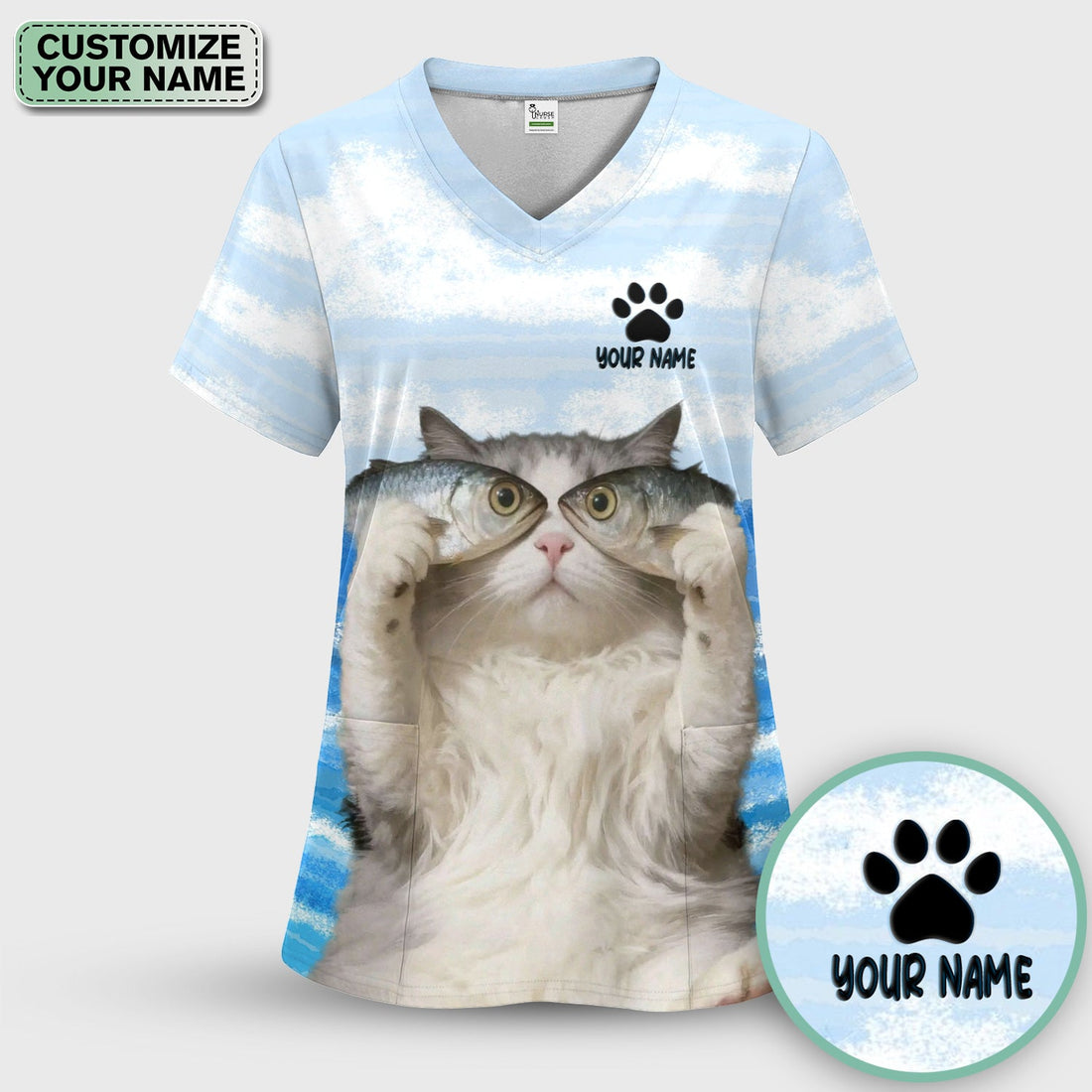 Personalized Cat Holding Fish Nurse Scrub Top