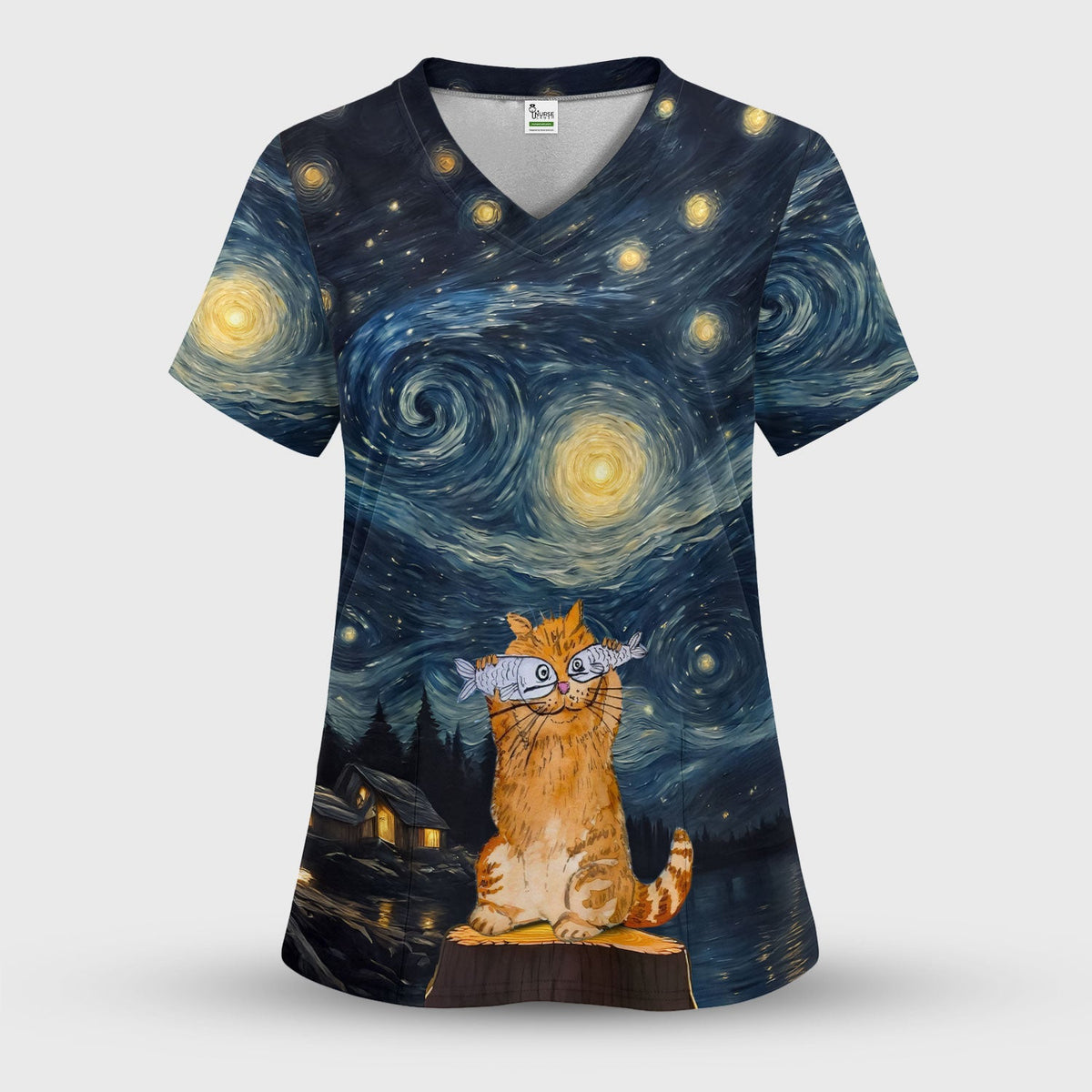 Cat Starry Night Sky Nurse Scrub Top