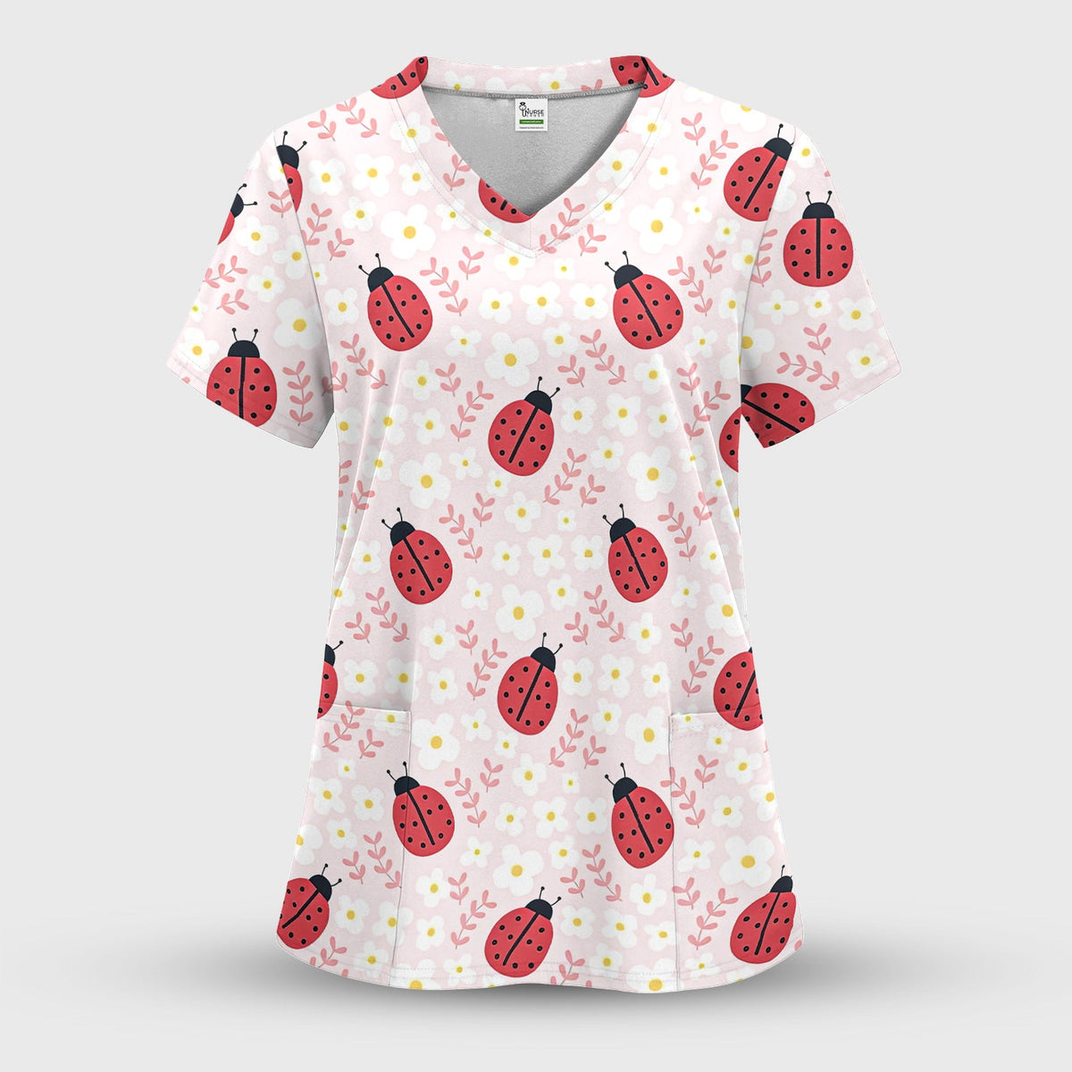 Lovely Ladybug Blossom Garden Nurse Scrub Top