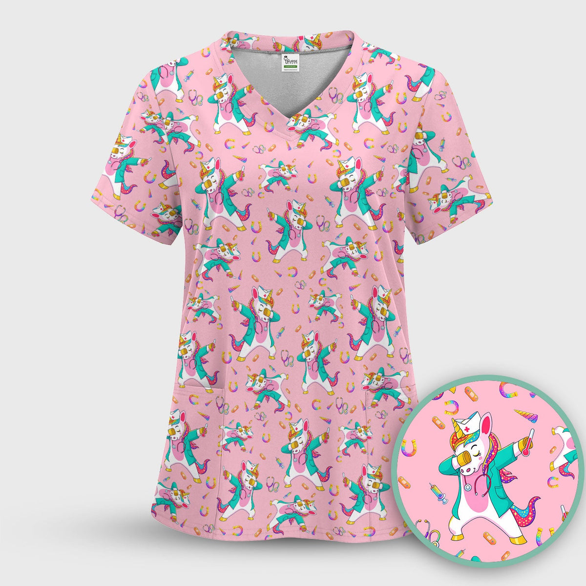 Cute Unicorn Nurse Dance Pattern Scrub Top, Breathable Fabrics Nursing Uniform