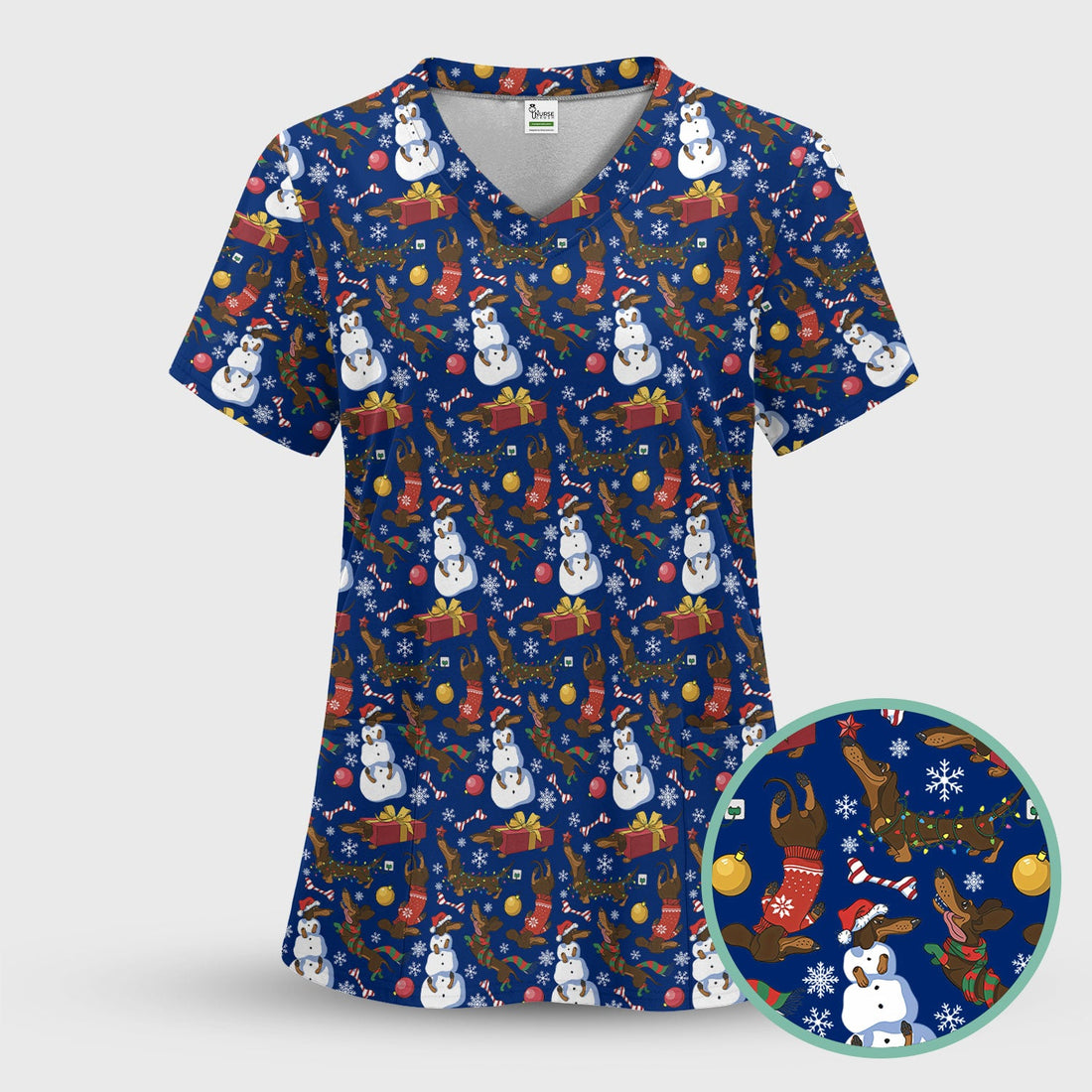 Personalized Christmas Dachshund Snowman Nurse Scrub Top