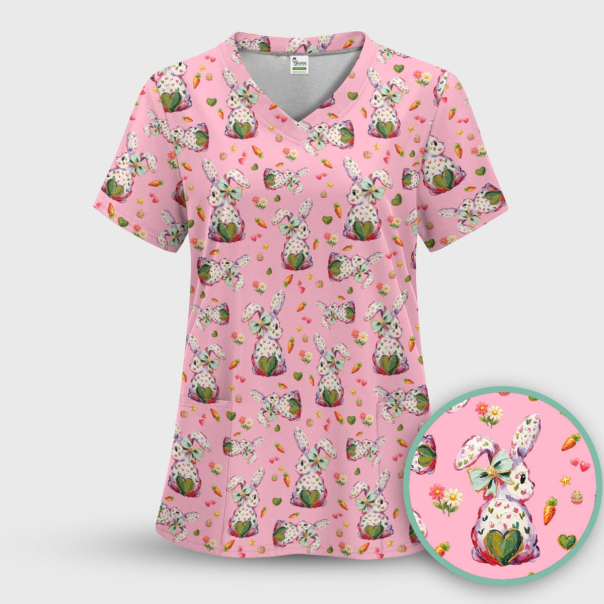 Pastel Bunny Easter Nurse Scrub Top