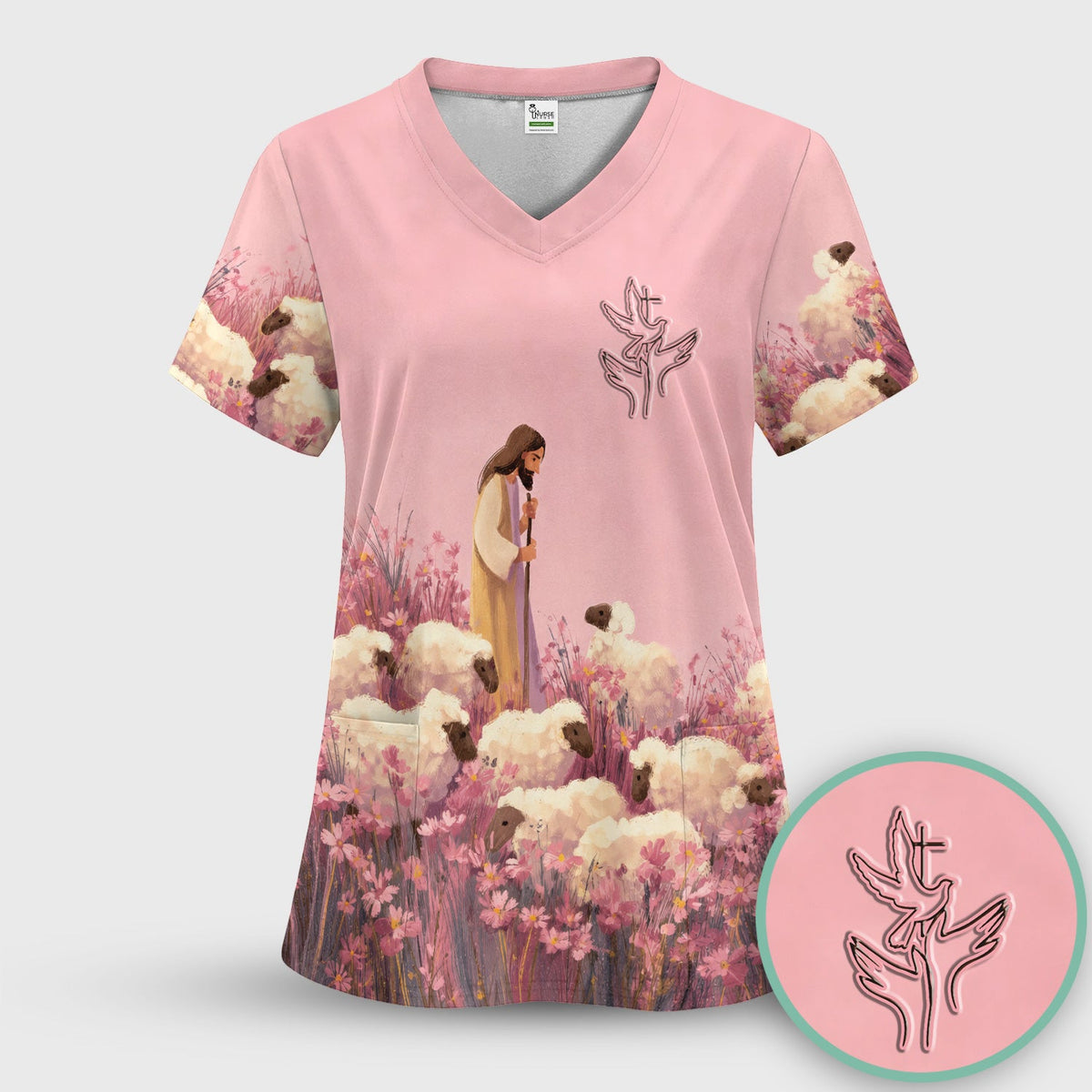 Christian Shepherd With Lambs Nurse Scrub Top