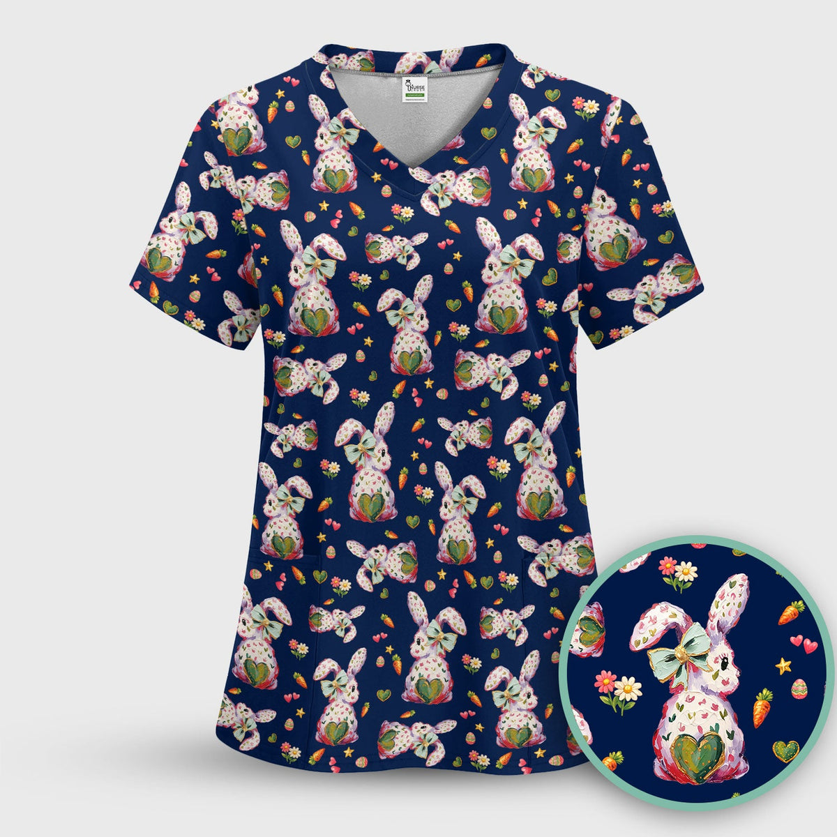 Pastel Bunny Easter Nurse Scrub Top