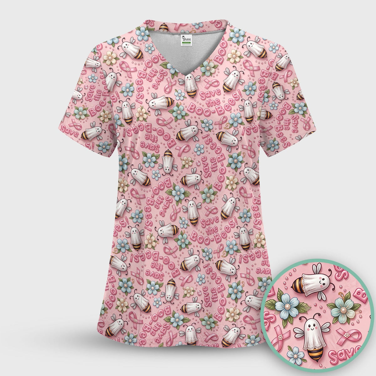 Save The Boo-Bees Ribbon Nurse Scrub Top