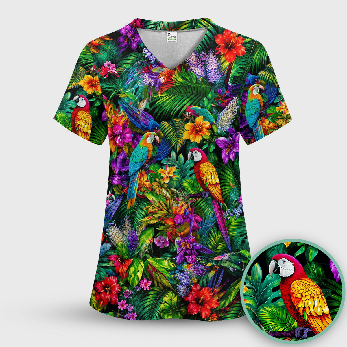 Tropical Parrot Jungle Blossom Nurse Scrub Top