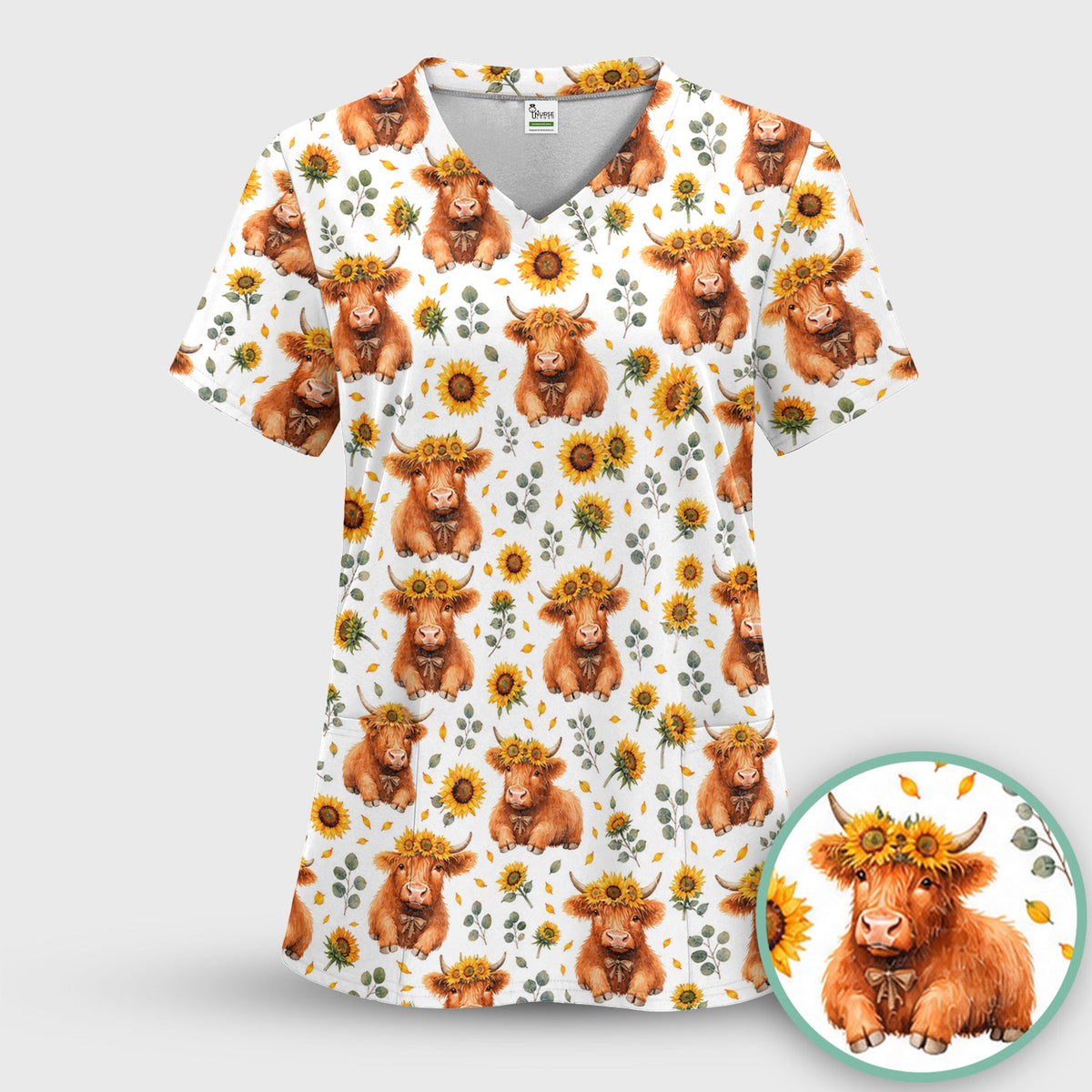 Rustic Highland Cow Floral Nurse Scrub Top