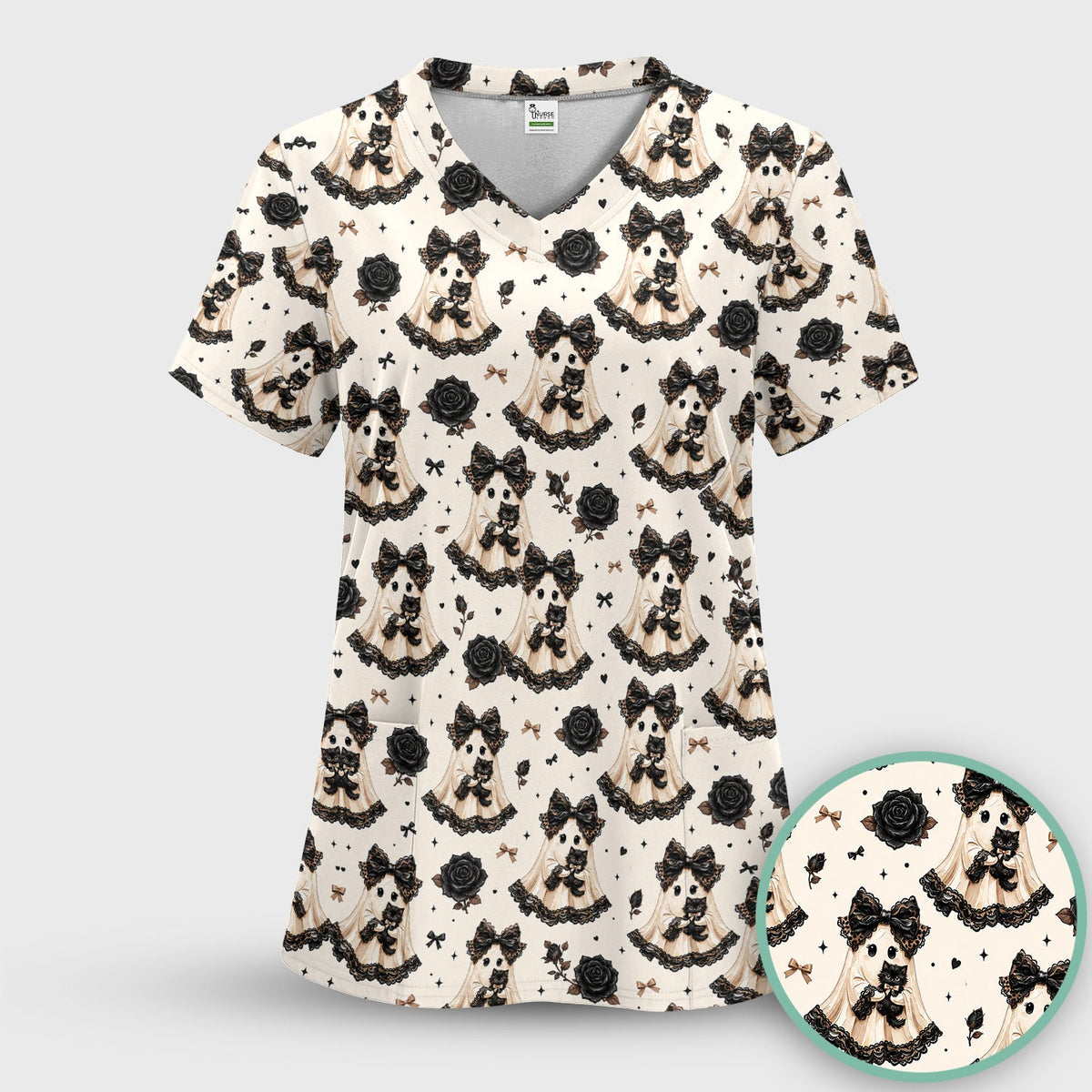 Ghost Black Cat Nurse Scrub Set - Halloween Gift