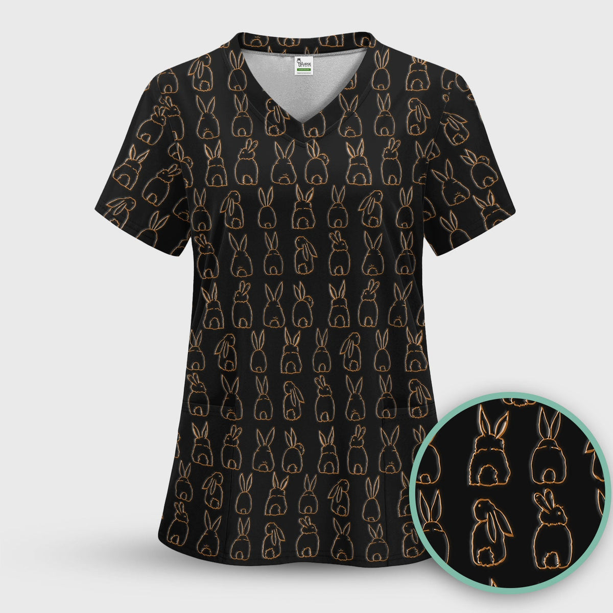 Cartoon Bunny Line Art Nurse Scrub Top - Easter Gift