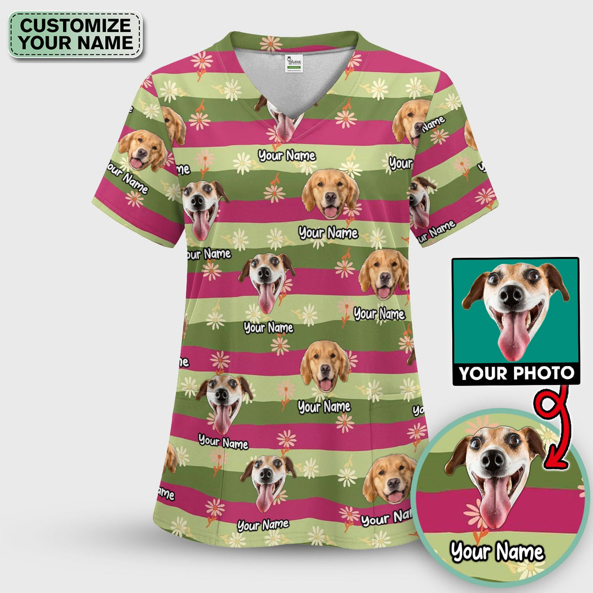 Personalized Dog Photo Spring Stripes Nurse Scrub Top
