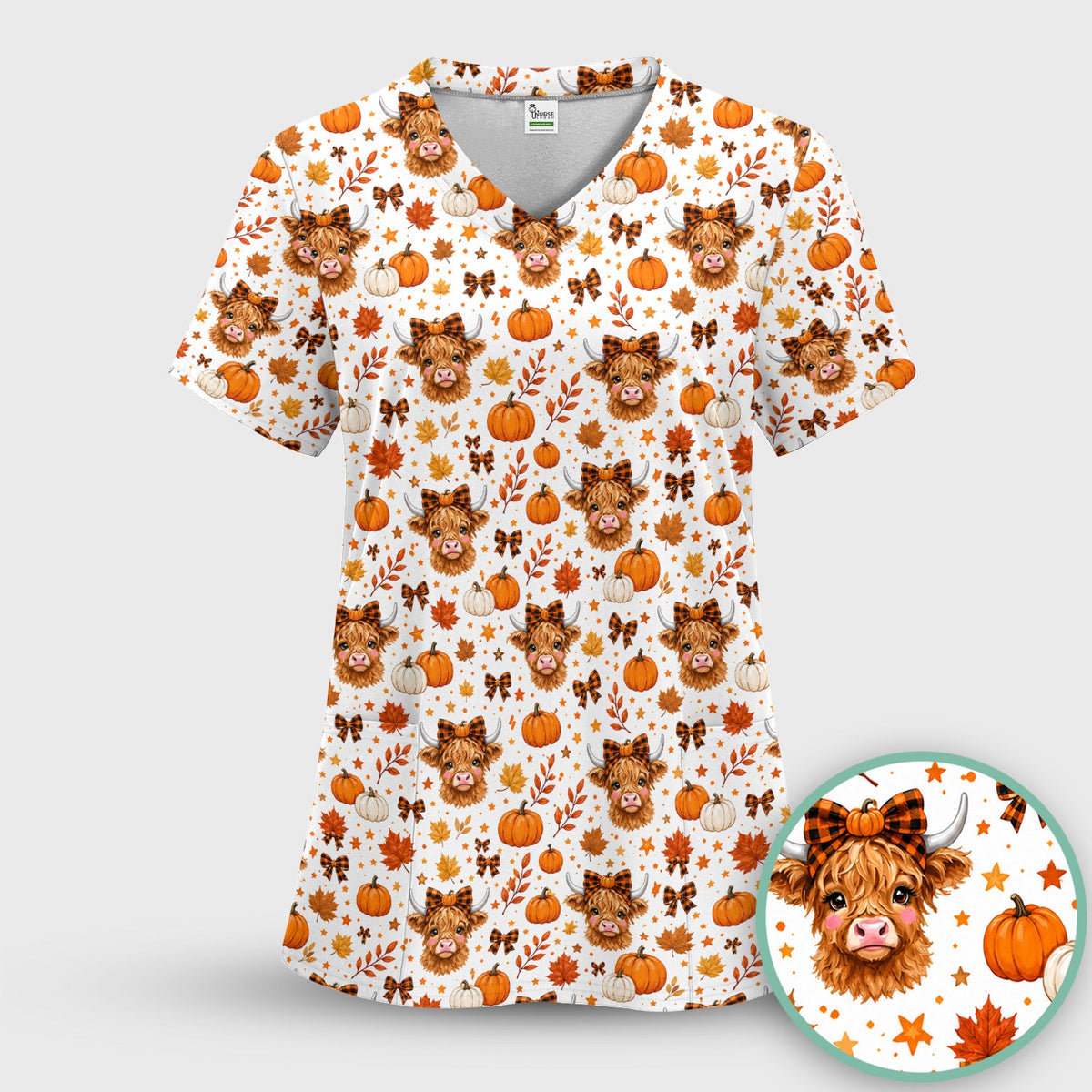 Cute Fall Highland Cow Scrub Top, Comfortable Scrubs for Nurses