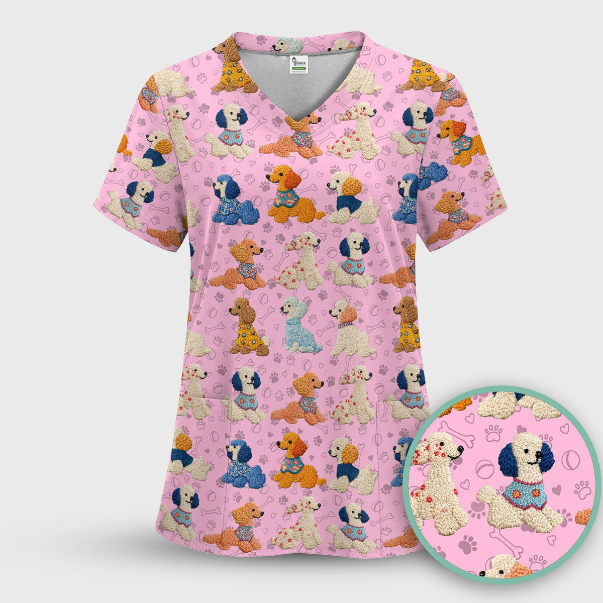 Cute Colorful Poodle Pattern Scrub Set, Scrub Pants and V Neck Top