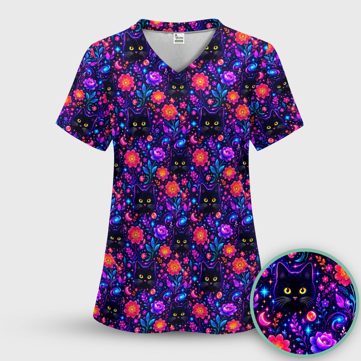 Galaxy Black Cat Floral Nurse Scrub Set