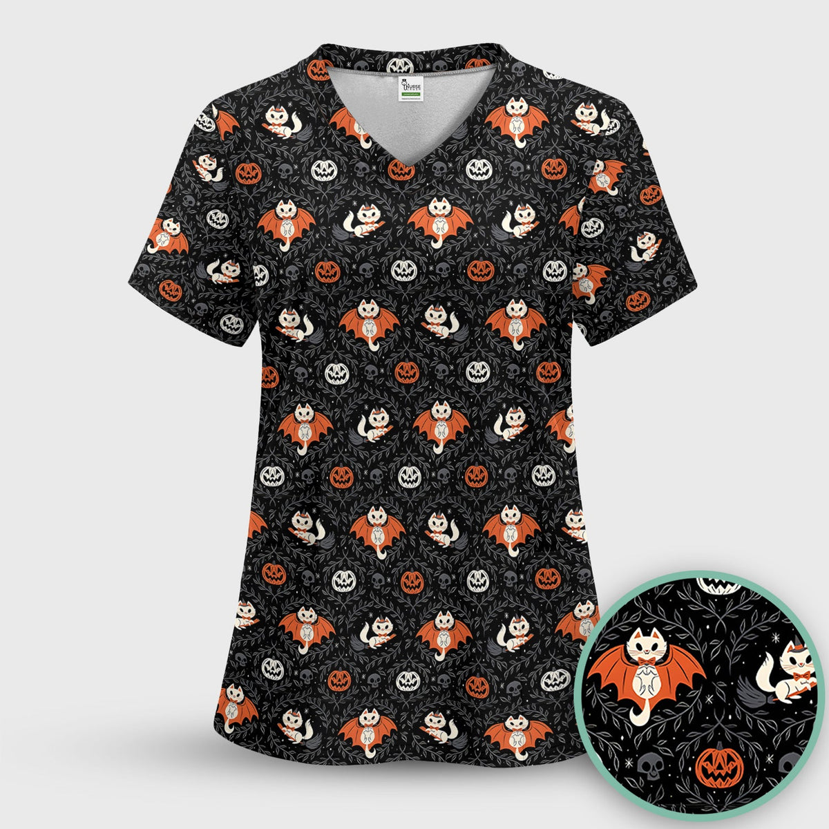 Halloween Vampire Cat Nurse Scrub Top
