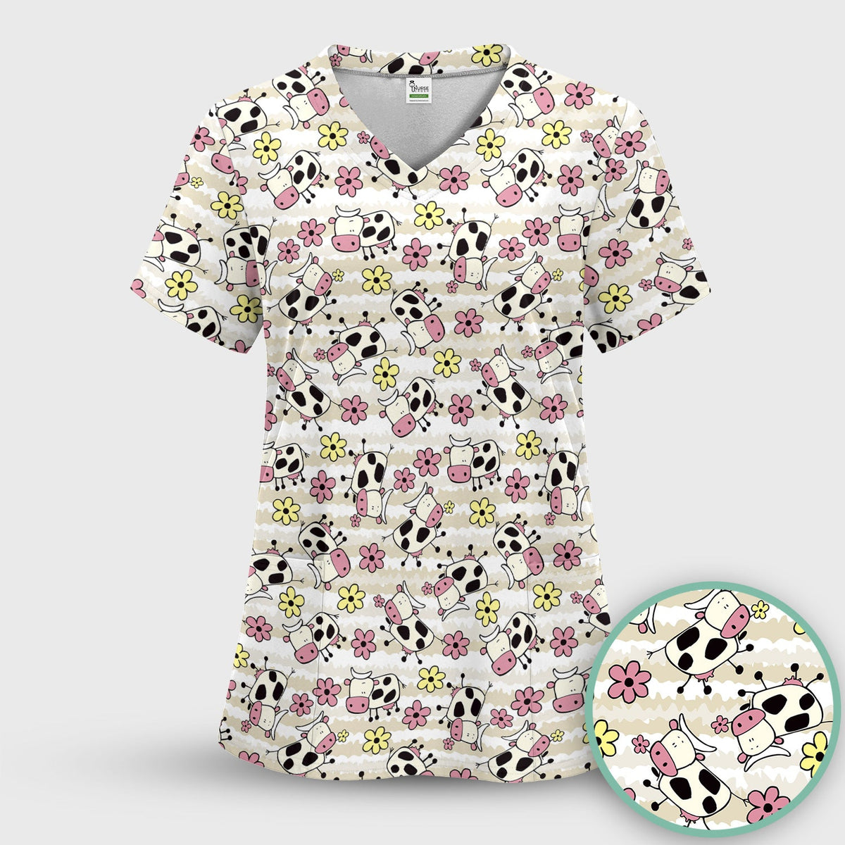 Cow Flower Meadow Nurse Scrub Top