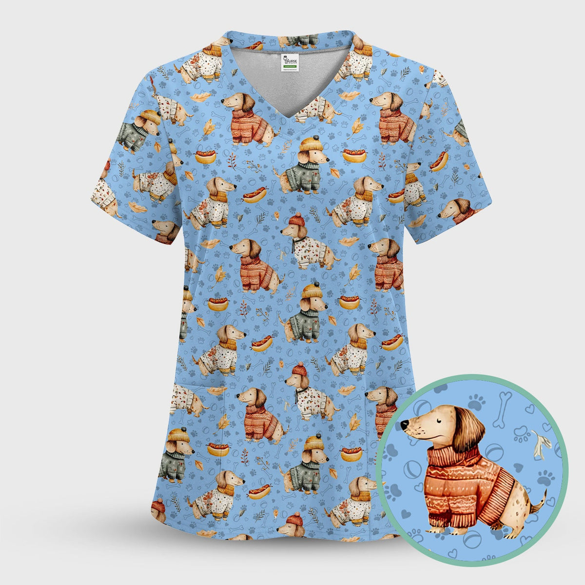Autumn Dachshund Scrub Top - Cute Wiener Dog Nurse Shirt for Women - Cozy Fall Medical Uniform RN CNA LPN Thanksgiving Gift
