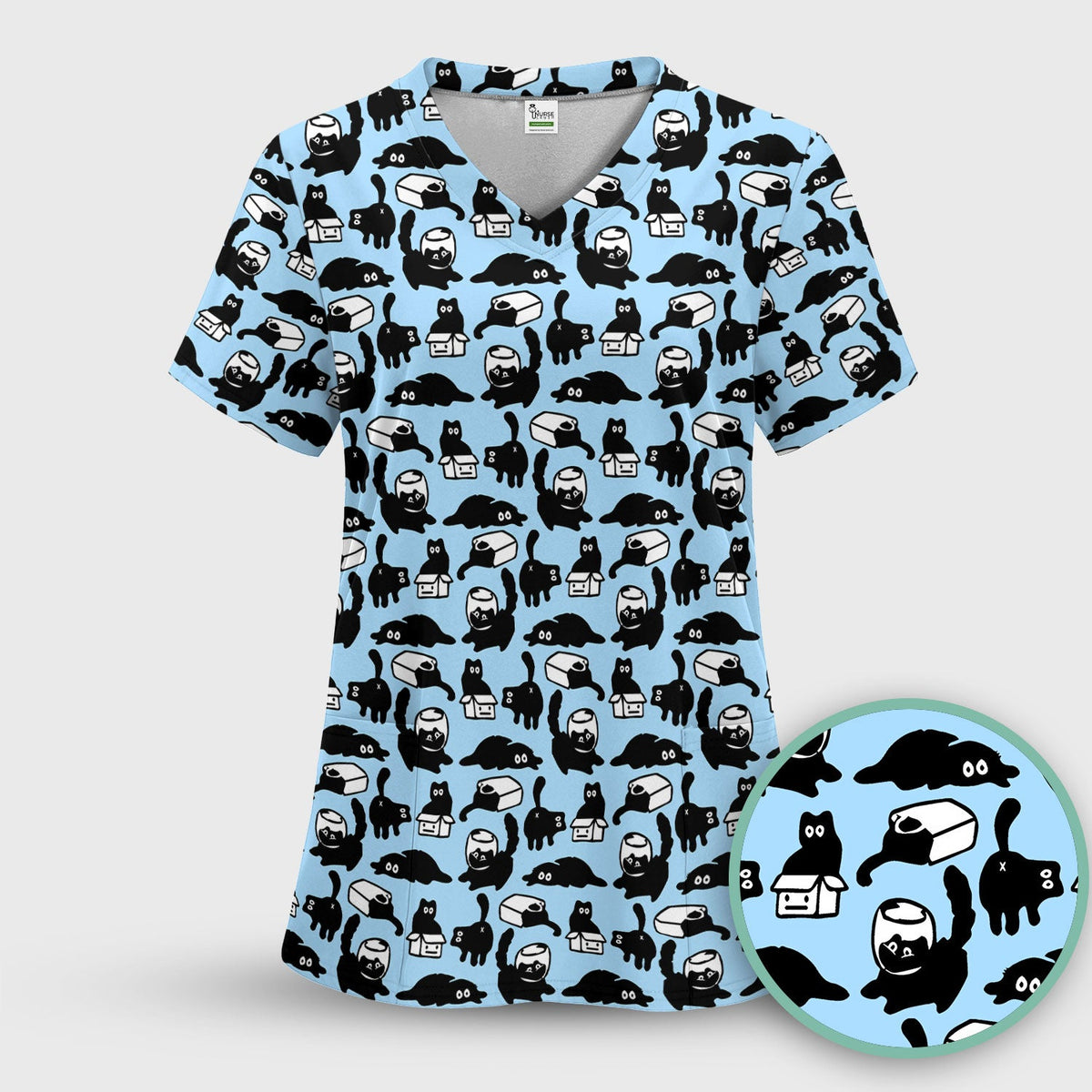 Dark Playful Cat Nurse Scrub Top